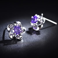 Cubic Zirconia Micro Pave Brass Earring Flower real silver plated with cubic zirconia lead & cadmium free 9mm Sold By Pair