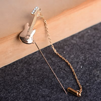 Rhinestone Brooch Zinc Alloy with iron chain Guitar gold color plated with rhinestone lead & cadmium free Sold By Bag