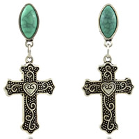 Turquoise Earring, Tibetan Style, stainless steel post pin, Cross, antique silver color plated, lead & cadmium free, 22x30mm, 16mm, 12Pairs/Bag, Sold By Bag