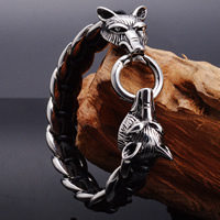 Titanium Steel Bracelet, with PU Leather, Wolf, curb chain & for man & blacken, 15mm, Sold Per Approx 8.5 Inch Strand