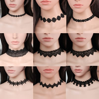 Fashion Choker Necklace, Lace, Tibetan Style lobster clasp, with 1.5inch extender chain, platinum color plated, different styles for choice, black, Length:Approx 11.8 Inch, 30Strands/Lot, Sold By Lot