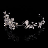 Krone, Zinklegierung, mit ABS-Kunststoff-Perlen, Blume, silberfarben plattiert, für Braut & mit Strass, frei von Blei & Kadmium, 160mm, verkauft von PC