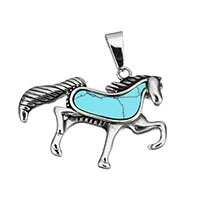 Acier inoxydable animaux Pendentifs, avec turquoise synthétique, cheval, noircir, 39.50x28x4mm, Trou:Environ 5x9mm, Vendu par PC