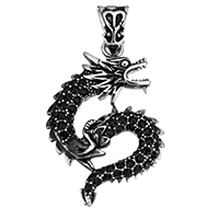 Stainless Steel Animal Pendants, Dragon, with rhinestone & blacken, 28x42x5mm, Hole:Approx 5x9mm, Sold By PC