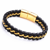 Men Bracelet Titanium Steel with PU Leather gold color plated for man 12mm Length Approx 8 Inch Sold By Bag