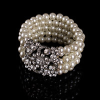 Bridal Armband, ABS plast pärla, med Zink Alloy, platina pläterad, för brud & med strass, 40-50mm, Såld Per Ca 7 inch Strand