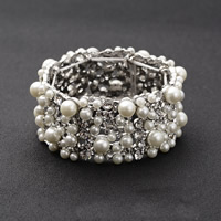 Bracelet nuptiale, alliage de zinc, avec Plastique ABS perle, Placage de couleur platine, pour mariée & avec strass, sans plomb et cadmium, 31mm, Vendu par Environ 6 pouce brin