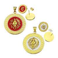 Enamel Stainless Steel Jewelry Set, pendant & earring, Flat Round, gold color plated, more colors for choice, 39x45x6.5mm, 18.5x14.5mm, Hole:Approx 5x7.5mm, 5Sets/Lot, Sold By Lot