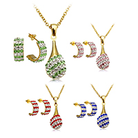 Rhinestone Jewelry Sets, earring & necklace, Stainless Steel, with Rhinestone Clay Pave, Teardrop, gold color plated, oval chain, more colors for choice, 11x25x6mm, 2.3x2x0.4mm, 6x15x18mm, Length:Approx 18 Inch, 10Sets/Lot, Sold By Lot