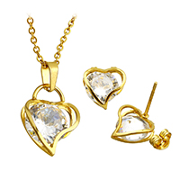 Cubic Zirconia Stainless Steel Jewelry Sets earring & necklace Heart gold color plated oval chain & with cubic zirconia   Length Approx 18 Inch Sold By Lot
