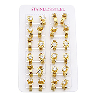 Stainless Steel Huggie Hoop Earring, Flower, gold color plated, with cubic zirconia, 8x13x18mm, 12Pairs/Lot, Sold By Lot