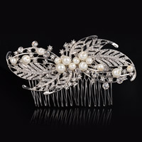 Bridal Decorative Hair Comb, Tibetan Style, with ABS Plastic Pearl, Leaf, silver color plated, for bridal & with rhinestone, lead & cadmium free, 114x60mm, Sold By PC