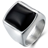 roestvrij staal Maar vinger ring, Titanium Staal, met Black Stone, Rechthoek, verschillende grootte voor keus & voor de mens, oorspronkelijke kleur, 21.6mm, 29mm, Verkocht door PC