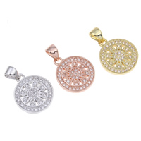 Cubic Zirconia Micro Pave Brass Pendant, Flat Round, plated, micro pave cubic zirconia, more colors for choice, nickel, lead & cadmium free, 13x16x2mm, Hole:Approx 2x3mm, Sold By PC
