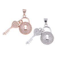 Cubic Zirconia Micro Pave Brass Pendant, Lock and Key, plated, micro pave cubic zirconia, more colors for choice, nickel, lead & cadmium free, 12x19x4mm, 7x19x2, Hole:Approx 2x3mm, Sold By PC
