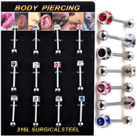 Stainless Steel Tongue Ring, 316L Stainless Steel, Unisex & with rhinestone & mixed, 19mm,5mm, 12PCs/Lot, Sold By Lot