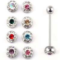 Stainless Steel Tongue Ring, 316L Stainless Steel, with Rhinestone Clay Pave, Unisex, mixed colors, 19x1.6mm,5mm, 12PCs/Lot, Sold By Lot