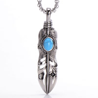 Titanium Steel Pendants, with Turquoise, Feather, blacken, 13x57mm, Hole:Approx 3-5mm, 3PCs/Bag, Sold By Bag