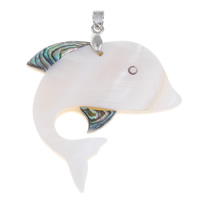 Naturlig Mosaic Shell Pendler, Freshwater Shell, med messing kaution & Abalone Shell, Dolphin, platin farve forgyldt, 38x56x4mm, Hole:Ca. 4x3mm, 10pc'er/Bag, Solgt af Bag