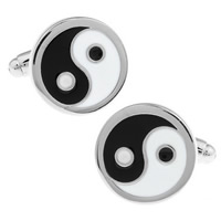 Cufflinks Brass Flat Round platinum color plated ying yang & enamel nickel lead & cadmium free 10-20mm Sold By Pair