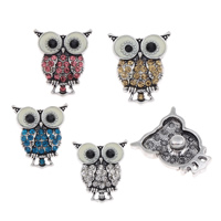 Jewelry Snap Button, Tibetan Style, Owl, antique silver color plated, enamel & with rhinestone, more colors for choice, lead & cadmium free, 22x25x8mm, 50PCs/Bag, Sold By Bag