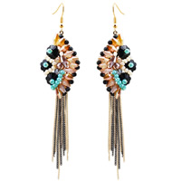 Fashion Fringe Earrings, Tibetan Style, with iron chain & Crystal, brass earring hook, Tassel, gold color plated, handmade & with painted & colorful plated & faceted, lead & cadmium free, 111x26mm, Sold By Pair