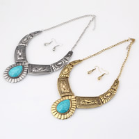 Tibetan Style Jewelry Sets, earring & necklace, with Resin, stainless steel earring hook, with 2.4lnch extender chain, Teardrop, plated, imitation turquoise & twist oval chain, more colors for choice, nickel, lead & cadmium free, 45x60mm, 25mm, Length:Approx 18 Inch, Sold By Set