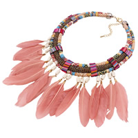 Fashion Necklace Jewelry, Tibetan Style, with Feather & Cotton & Glass Seed Beads, with 3lnch extender chain, gold color plated, Bohemian style & for woman, nickel, lead & cadmium free, 110mm, Sold Per Approx 18 Inch Strand