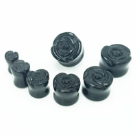 Fashion Piercing Tunnel, Black Agate, Flower, different size for choice, 2PCs/Bag, Sold By Bag