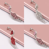 Stainless Steel Belly Ring, Wing Shape, with rhinestone, more colors for choice, 1.60x10x8mm, Sold By PC