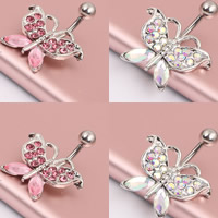 Stainless Steel Belly Ring, with Crystal, Butterfly, faceted & with rhinestone, more colors for choice, 1.60x10x8mm, Sold By PC