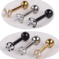 Stainless Steel Ear Piercing Jewelry, plated, with cubic zirconia, mixed colors, 1.20x6x3mm, 2PCs/Bag, Sold By Bag