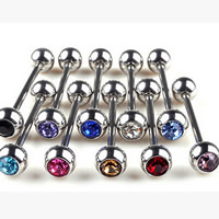 Stainless Steel Straight Barbell, with rhinestone, mixed colors, 6mm, 5PCs/Bag, Sold By Bag