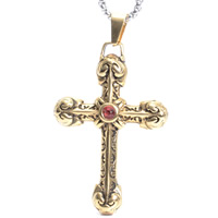 Titanium Steel Pendants, Cross, gold color plated, with rhinestone & blacken, 33x60mm, Hole:Approx 3-5mm, 3PCs/Bag, Sold By Bag