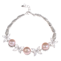 Cubic Zirconia Bracelet Brass with Freshwater Pearl with 3cm extender chain Flower platinum color plated natural & with cubic zirconia nickel lead & cadmium free 9-10mm Sold Per Approx 6.5 Inch Strand