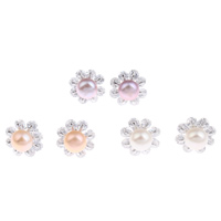 Cubic Zircon (CZ) Stud Earring, Freshwater Pearl, brass post pin, Flower, platinum color plated, natural & with cubic zirconia, more colors for choice, 8-9mm, 9x14mm, Sold By Pair
