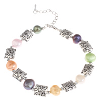 Freshwater Cultured Pearl Bracelet, Brass, with Freshwater Pearl, with 4cm extender chain, antique silver color plated, multi-colored, nickel, lead & cadmium free, 7-8mm, Sold Per Approx 7 Inch Strand