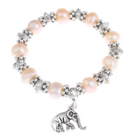 Freshwater Cultured Pearl Bracelet, Brass, with Freshwater Pearl, Elephant, antique silver color plated, natural & charm bracelet, nickel, lead & cadmium free, 10-11mm, Sold Per Approx 6 Inch Strand