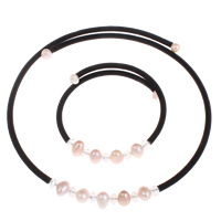 Freshwater Pearl Jewelry Set, bracelet & necklace, with Velveteen Cord & Crystal,  , Rice, natural, faceted, 6-7mm, Length:Approx 17 Inch, Approx 9 Inch, Sold By Set