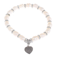 Freshwater Cultured Pearl Bracelet Freshwater Pearl with Brass Heart plated natural & charm bracelet & with rhinestone 6-7mm Sold Per Approx 7 Inch Strand