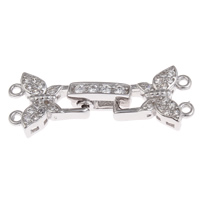 Brass Fold Over Clasp, Butterfly, platinum color plated, micro pave cubic zirconia & 2-strand, nickel, lead & cadmium free, 28x10x4mm, Hole:Approx 1mm, Sold By PC