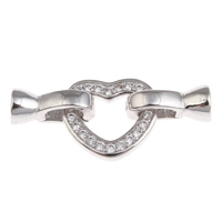 Messing Fold Over Clasp, Heart, platin farve forgyldt, Micro Pave cubic zirconia, nikkel, bly & cadmium fri, 30x13x5mm, Hole:Ca. 4mm, Solgt af PC