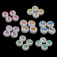 Alphabet Acryl Perlen, flache Runde, gemischtes Muster & mit Brief Muster & Volltonfarbe, keine, 7x3mm, Bohrung:ca. 1mm, ca. 3700PCs/Tasche, verkauft von Tasche