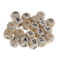 Perles en bois, cube, modèle mixte & avec le motif de lettre & grand trou, couleur originale, 10x10mm, Trou:Environ 4mm, Environ 950PC/sac, Vendu par sac