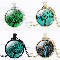 Zinc Alloy Jewelry Necklace with iron chain & Glass iron lobster clasp Flat Round plated time gem jewelry & oval chain & decal lead & cadmium free 28mm Length Approx 15.5 Inch Sold By Bag