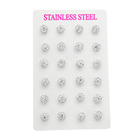 Stainless Steel Stud Earrings, with Rhinestone Clay Pave Bead, Round, 8x8x20mm, 12Pairs/Lot, Sold By Lot