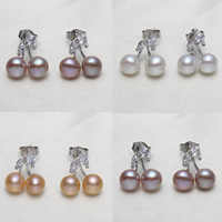 Freshwater Pearl Earrings, with Brass, Potato, platinum color plated, natural & with cubic zirconia, more colors for choice, 6-7mm, 14x13x7mm, Sold By Pair