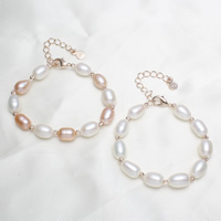 Freshwater Cultured Pearl Bracelet, Freshwater Pearl, with Brass, with 5cm extender chain, Rice, rose gold color plated, natural & flower cut, more colors for choice, 7-8mm, Sold Per Approx 6.5 Inch Strand