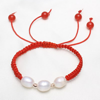 Freshwater Pearl Woven Ball Bracelets, with Nylon Cord & Red Agate & Brass, Rice, rose gold color plated, natural & flower cut & adjustable, 7-8mm, Sold Per Approx 5.5 Inch Strand