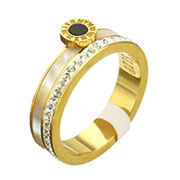 حجر الراين خاتم الإصبع الفولاذ المقاوم للصدأ, مع حجر الراين طين تمهيد & الراتنج, لون الذهب مطلي, مع عدد الروماني & حجم مختلفة للاختيار & للمرأة, 8mm, تباع بواسطة PC